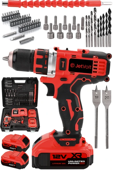 JetVolt 12V 2.0Ah Şarjlı Matkap Metal Şanzıman Bakır Sargılı Çift Akülü 84 Parça Set - Kırmızı ürün görseli 1