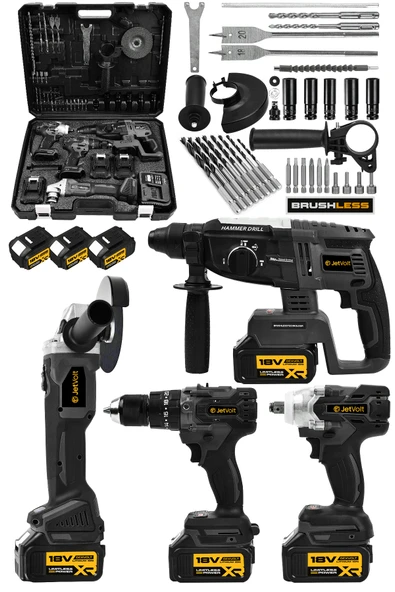 JetVolt Profesyonel 4'Lü Set Şarjlı 2-26 Kırıcı Delici Hilti+125mm Taşlama+450Nm Somun Sökme+13mm Darbeli Matkap - Siyah ürün görseli 1