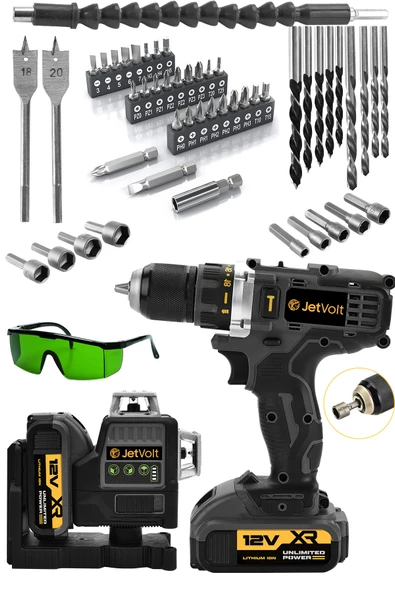 JetVolt Çift Akülü 12 Köşe 360° Otomatik Hizalamalı Lazer Metre ve Çelik Mandren 84 Parça Şarjlı Matkap - Siyah ürün görseli 1