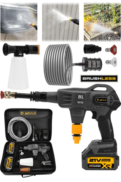 JetVolt 21V Kömürsüz Motor Yüksek Basınçlı Akülü Oto Araba Yıkama Makinesi Şarjlı - Siyah ürün görseli 1
