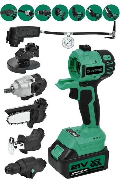 JetVolt 7 Başlıklı Set Taşlama Somun Sıkma Tilki Kuyruğu Dal Budama Akülü Vidalama Hava Pompası Hilti - Yeşil ürün görseli 1