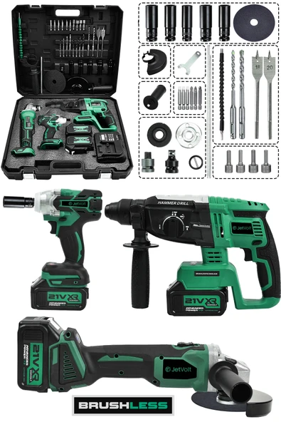 JetVolt 21V 2.0Ah 3 Lü Set Şarjlı Matkap Hilti 2-26mm 450Nm Torklu Vidalama Somun Sıkma Şarjlı Taşlama 125mm - Yeşil ürün görseli 1