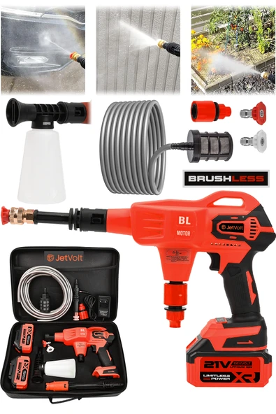 JetVolt 21V Kömürsüz Motor Yüksek Basınçlı Akülü Oto Araba Yıkama Makinesi Şarjlı - Kırmızı ürün görseli 1