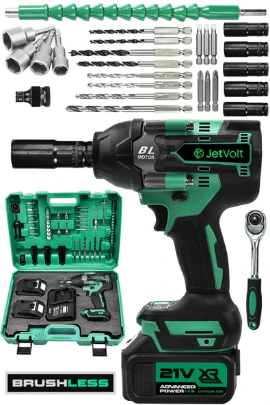 JetVolt 21V 2.0Ah Akülü Vidalama Darbeli Kömürsüz Motor 800Nm 10 Pilli Bijon Somun Sökme Sıkma - Yeşil ürün görseli 1