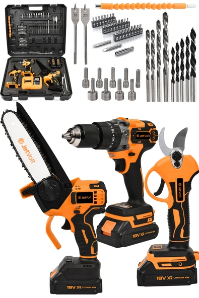 JetVolt 3 lü Set Kömürsüz Motor Çift Akülü Şarjlı Matkap Şarjlı Budama Makası Şarjlı Budama Testeresi - Turuncu ürün görseli 1
