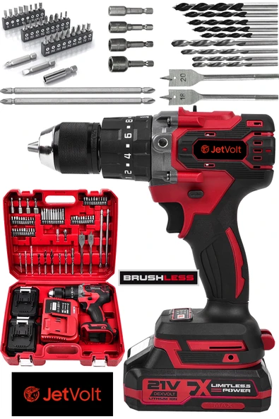 JetVolt 21V Çelik Mandren Kömürsüz Motor Darbeli Şarjlı Matkap - Kırmızı ürün görseli 1
