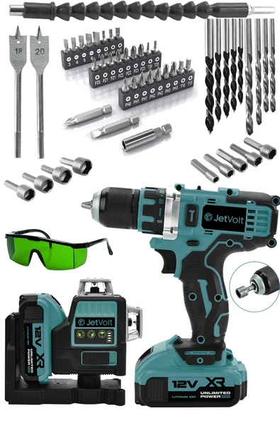 JetVolt Çift Akülü 12 Köşe 360° Otomatik Hizalamalı Lazer Metre ve Çelik Mandren 84 Parça Şarjlı Matkap - Mavi ürün görseli 1