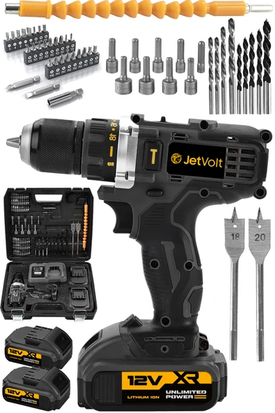 JetVolt 12V 2.0Ah Şarjlı Matkap Metal Şanzıman Bakır Sargılı Çift Akülü 84 Parça Set - Siyah ürün görseli 1