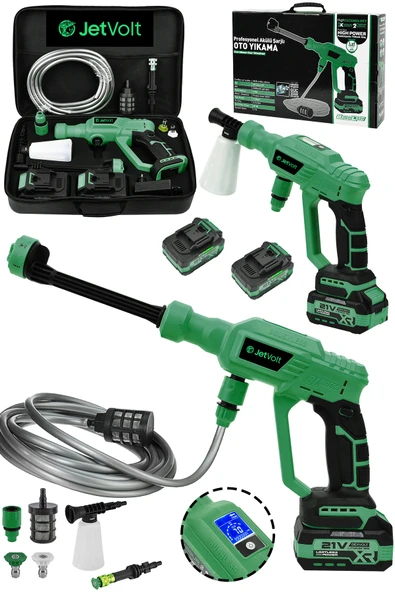 JetVolt 21V 2.0Ah Kömürsüz Motor Yüksek Basınçlı Akülü Oto Araba Yıkama Makinesi Şarjlı - Yeşil ürün görseli 1