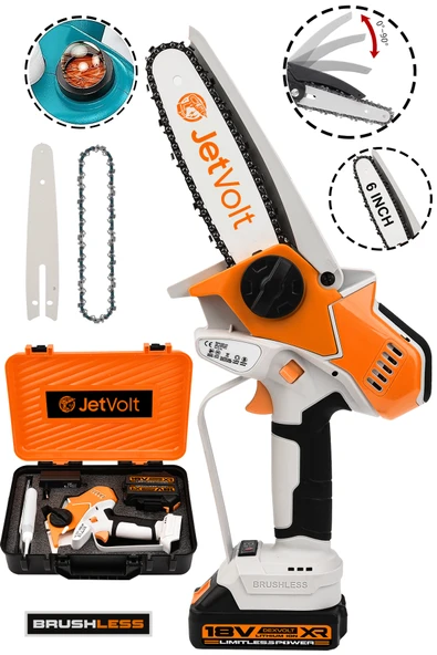 JetVolt Extra Power Kömürsüz Motor Şarjlı El Testeresi Ağaç Odun Dal Kesme Budama Mavi - Turuncu ürün görseli 1