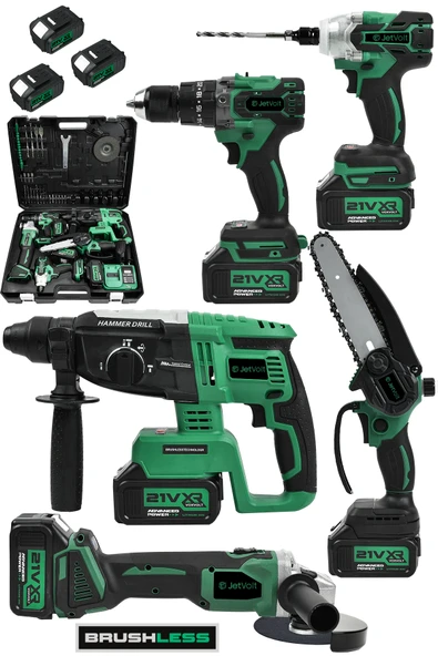 JetVolt 21V 2.0Ah Kömürsüz Darbeli 5'li Set Şarjlı Hilti + Taşlama + Somun Sıkma + Akülü Vidalama + Budama Testeri - Yeşil ürün görseli 1