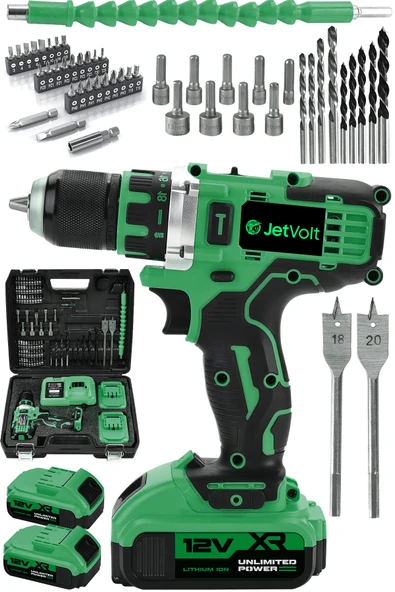 JetVolt 12V 2.0Ah Şarjlı Matkap Metal Şanzıman Bakır Sargılı Çift Akülü 84 Parça Set - Yeşil ürün görseli 1