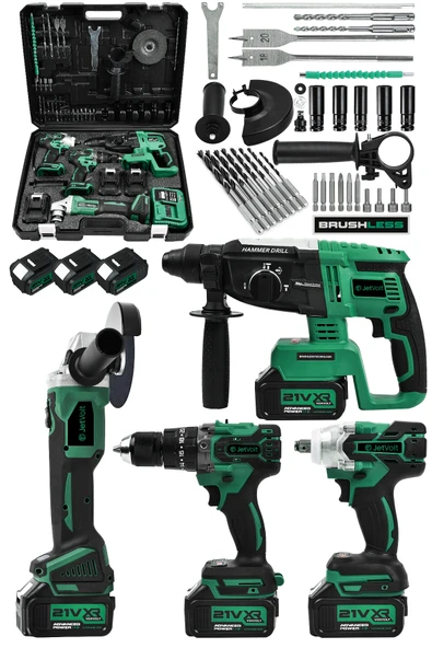 JetVolt Profesyonel 4'Lü Set Şarjlı 2-26 Kırıcı Delici Hilti+125mm Taşlama+450Nm Somun Sökme+13mm Darbeli Matkap - Yeşil ürün görseli 1