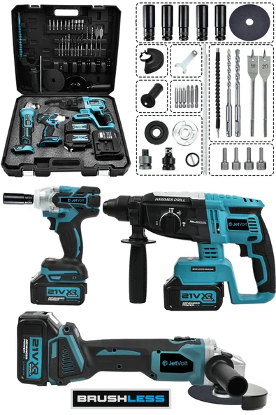 JetVolt 21V 2.0Ah 3 Lü Set Şarjlı Matkap Hilti 2-26mm 450Nm Torklu Vidalama Somun Sıkma Şarjlı Taşlama 125mm - Mavi ürün görseli 1