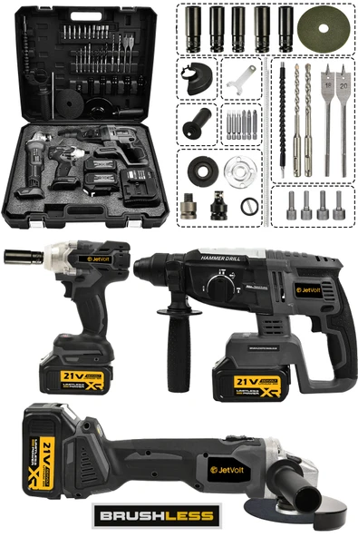 JetVolt 21V 2.0Ah 3 Lü Set Şarjlı Matkap Hilti 2-26mm 450Nm Torklu Vidalama Somun Sıkma Şarjlı Taşlama 125mm - Siyah ürün görseli 1