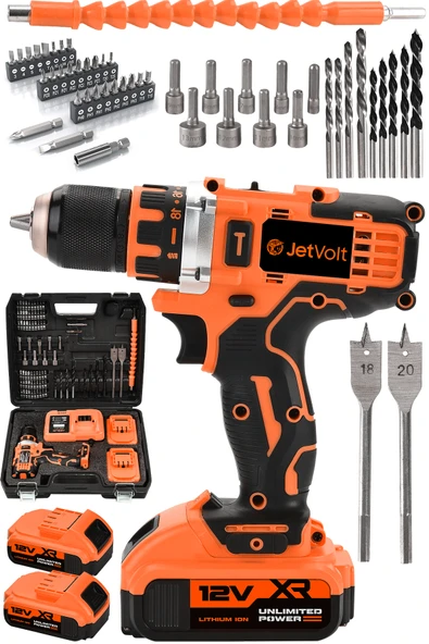 JetVolt 12V 2.0Ah Şarjlı Matkap Metal Şanzıman Bakır Sargılı Çift Akülü 84 Parça Set - Turuncu ürün görseli 1