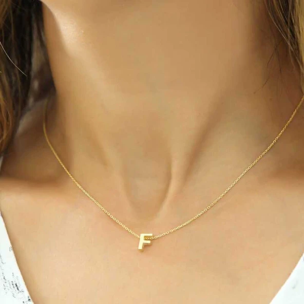 Gümüş Gold 3 Boyutlu F Harf Bayan Kolye - Resim 2