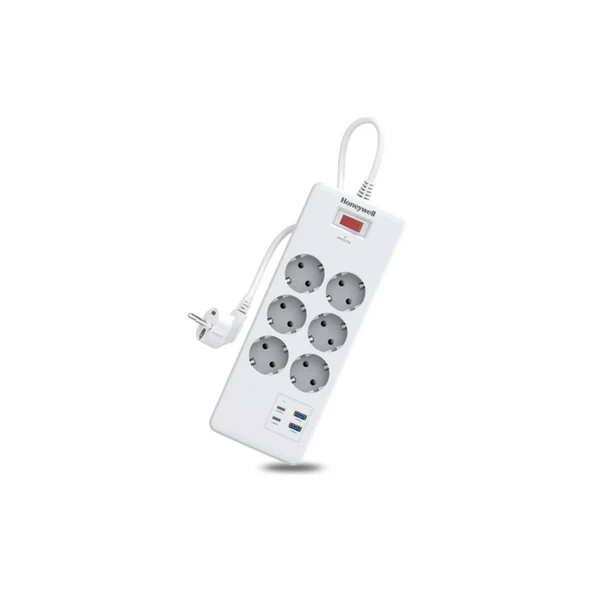 Honeywell 6'lı Akım Koruyucu Priz 2x USB-A + 2x USB-C 20W PD - Beyaz ürün görseli 1