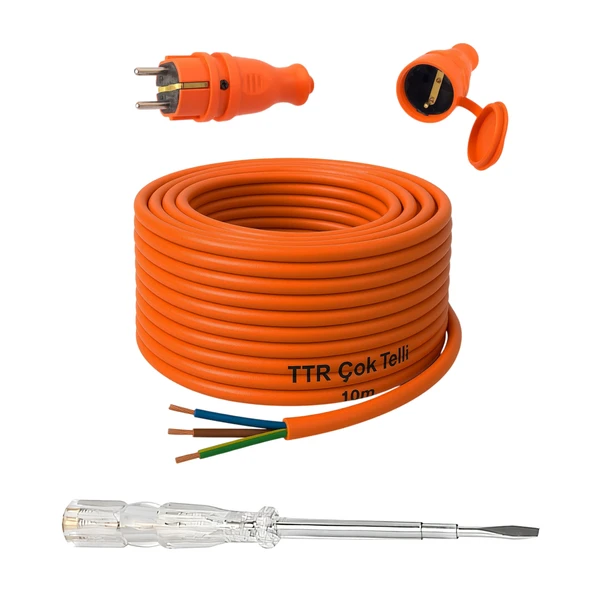 Seyyar 10 Metre Uzatma Kablosu TTR CCA Çok Telli 3x1.5 mm Elektrik Kablo Kontrol Kalem Dişi Erkek Fiş ürün görseli 1