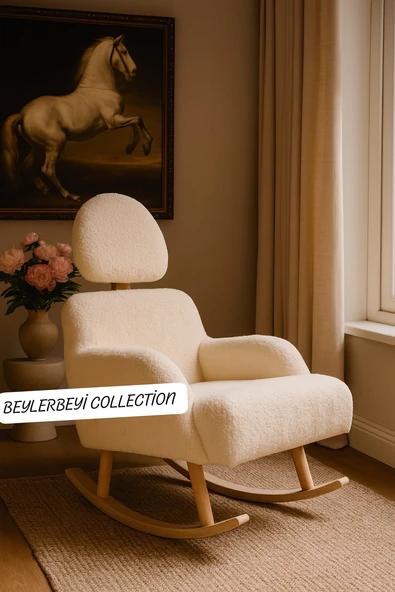 Sallanan sandalye, ayarlanabilir başlıklı sallanan, krem renkli peluş kumaş, tekli koltuk, berjer ürün görseli 1