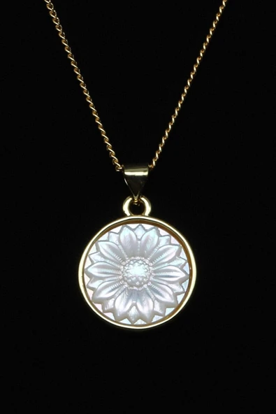 Sedef Doğal Taş Gold Renkli Motifli Kolye - KLY-1643 ürün görseli 1