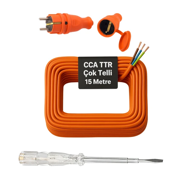 Seyyar 15 Metre Uzatma Kablosu TTR CCA Telli 3x1.5 mm Elektrik Kablo Kontrol Kalem Dişi Erkek Fiş ürün görseli 1
