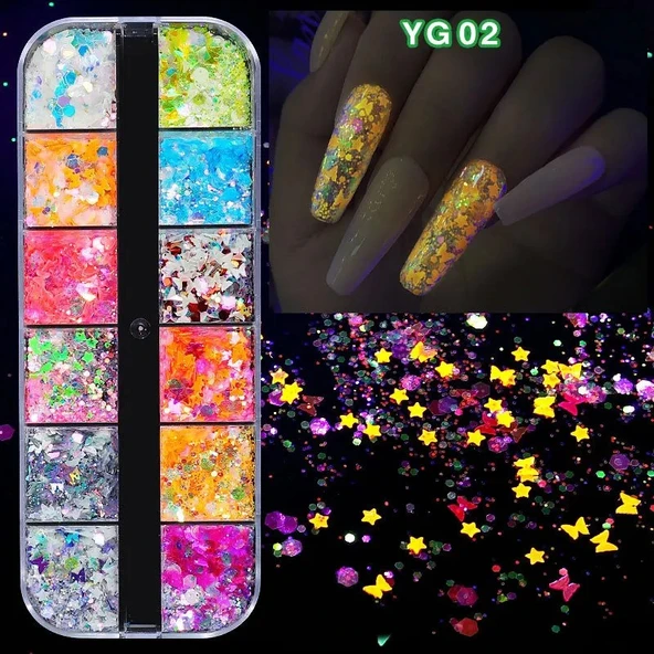 Karanlıkta Parlayan Floresan Tırnak Süsleme Folyo Pulları Kelebekler Yıldızlar Nail Art ürün görseli 1