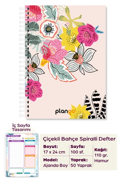 Renkli Çiçekler Spiralli Günlük Planlama Defteri - 100 Sayfa - 17x24 Planlayıcı Defter ürün görseli 1