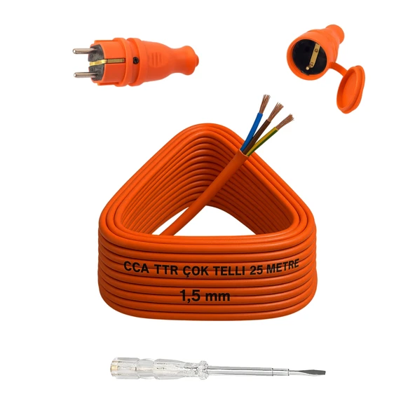 Seyyar 25 Metre Uzatma Kablosu TTR CCA Telli 3x1.5 mm Elektrik Kablo Kontrol Kalem Dişi Erkek Fiş ürün görseli 1