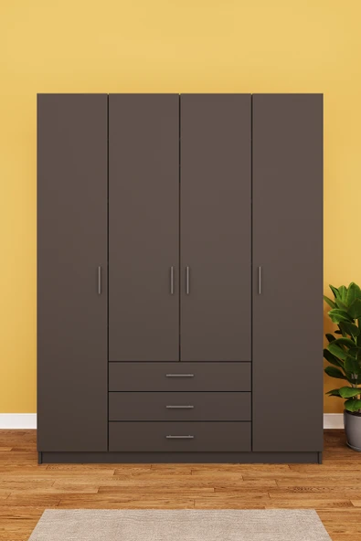 Lüks 4 Kapaklı 3 Çekmeceli Gardırop %100 MDF Askılı Düzenleyici Elbise Dolabı G02  ANTRASİT ürün görseli 1
