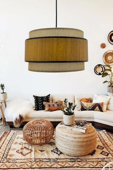 Vivido Home Ahşap Hasır Siyah Şeritli Dopia Sarkıt Avize ürün görseli 1