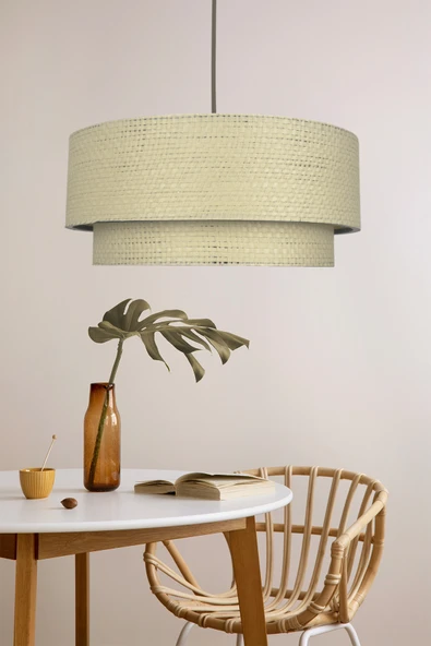 Vivido Home Modern Doğal Krem Hazeran Rattan 2 Katlı Hasır Avize ürün görseli 1