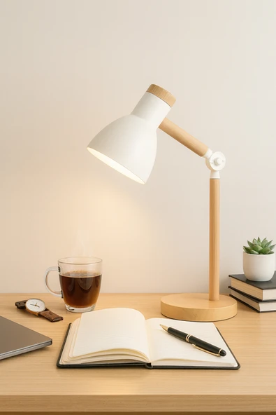 Vivido Home Doğal Ahşap İskandinav Beyaz Masa Lambası ürün görseli 1