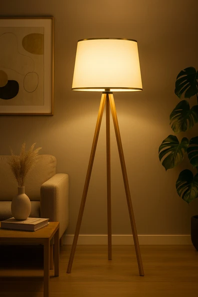 Vivido Home Doğal Krem Gold Şeritli Ahşap Lambader ürün görseli 1