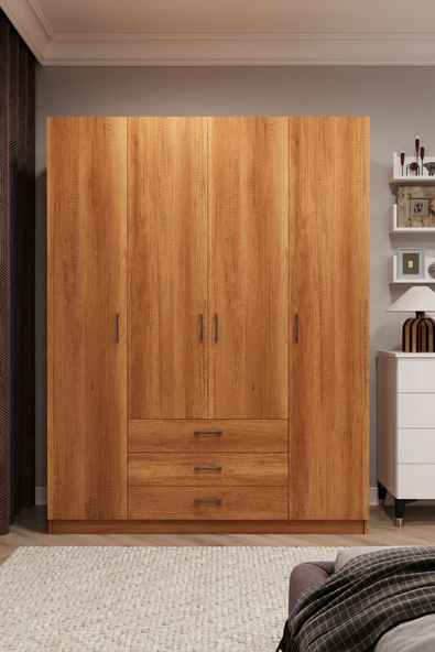 Lüks 4 Kapaklı 3 Çekmeceli Gardırop %100 MDF Askılı Düzenleyici Elbise Dolabı G02  PETRA ürün görseli 1