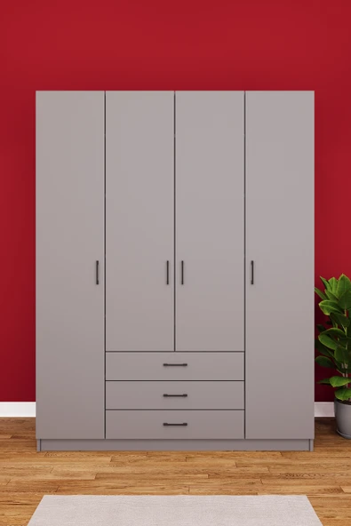 Lüks 4 Kapaklı 3 Çekmeceli Gardırop %100 MDF Askılı Düzenleyici Elbise Dolabı G02  KÜL GRİ ürün görseli 1