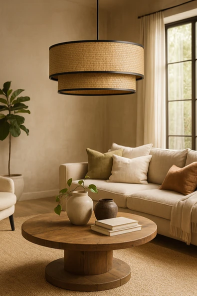 Vivido Home Hasır Avize Sarkıt – Çift Katlı Siyah Şeritli Deko ürün görseli 1