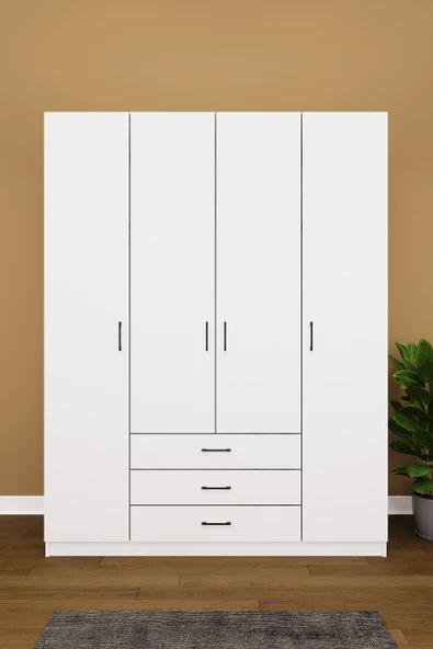 Lüks 4 Kapaklı 3 Çekmeceli Gardırop %100 MDF Askılı Düzenleyici Elbise Dolabı G02  BEYAZ ürün görseli 1