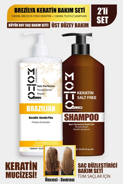 Motto Plus Professional Aşırı Yıpranmış Saçlar İçin Saç Düzleştirici Keratin & Tuzsuz Şampuan 2'li Set BÜYÜK BOY ürün görseli 1