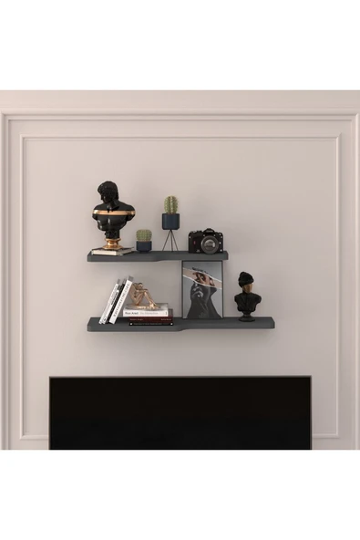 Modern 2'li Uçan Raf Çok Amaçlı Duvar Rafı Organizer %100 MDF Kitaplık Mutfak Banyo Rafı DRF03  Antrasit ürün görseli 1