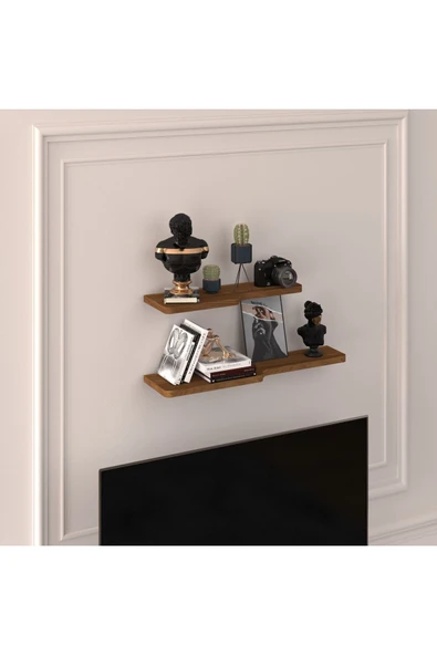 Modern 2'li Uçan Raf Çok Amaçlı Duvar Rafı Organizer %100 MDF Kitaplık Mutfak Banyo Rafı DRF03  Ceviz ürün görseli 1