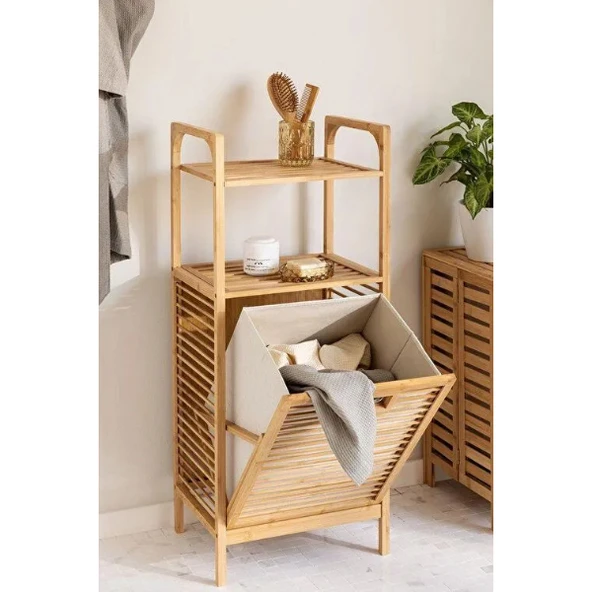 Periboia 2 Organizer Raflı Ahşap Bambu Çek-Aç Kirli Sepeti ürün görseli 1
