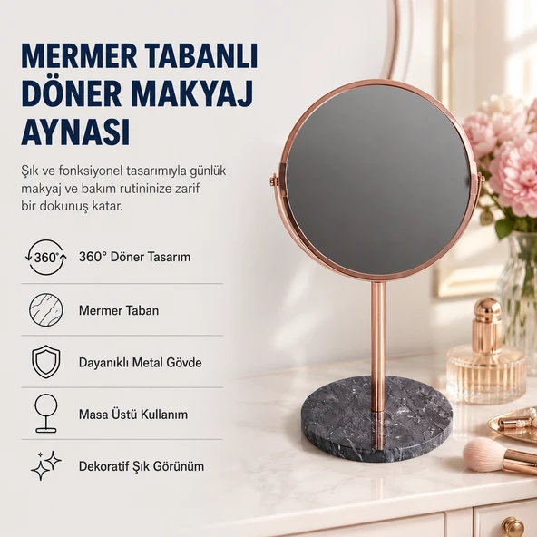 Şık Mermer Tabanlı Döner Masa Üstü Makyaj Aynası – Dekoratif Masa Aynası ürün görseli 1