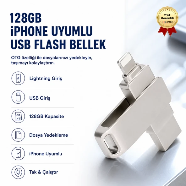 128GB iPhone Uyumlu USB Flash Bellek OTG Lightning ve USB Girişli Yedekleme ve Taşıma ürün görseli 1