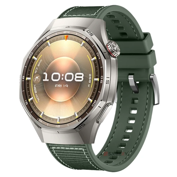 Sneezy Huawei Watch GT6 Pro 46mm İle Uyumlu Metal Tokalı Dikiş Desenli Dokuma Silikon Kordon  Haki ürün görseli 1