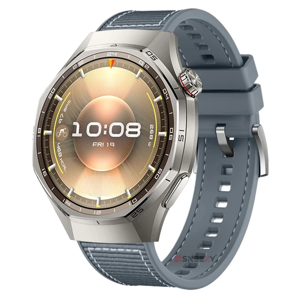 Sneezy Huawei Watch GT6 Pro 46mm İle Uyumlu Metal Tokalı Dikiş Desenli Dokuma Silikon Kordon  Gri ürün görseli 1