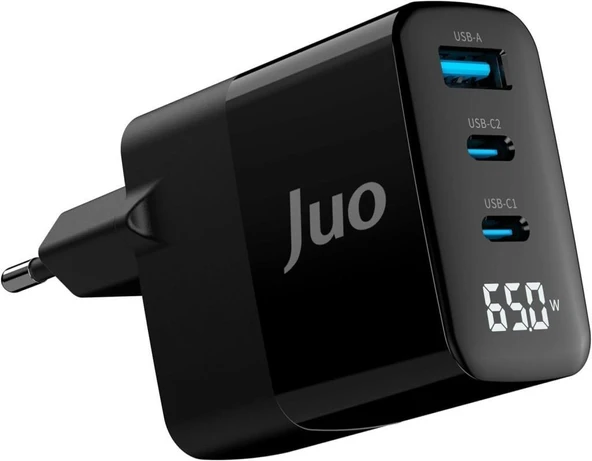 Juo 65W GaN Led Ekranlı Hızlı Şarj Cihazı 2 Type-C + USB-A iPhone & iPad & Notebook Uyumlu Şarj Aleti Teşhir ürün görseli 1