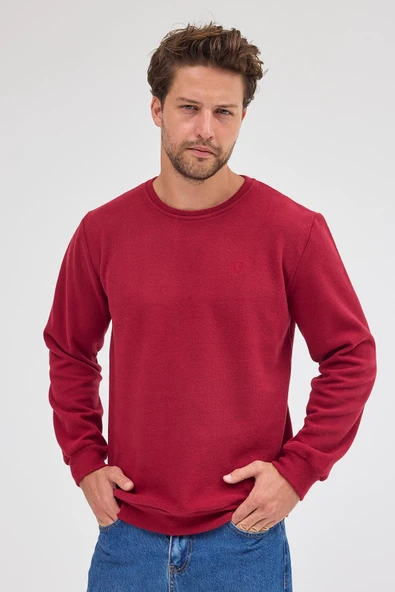 Erkek Bordo Standart Fit Normal Kesim Pamuklu Basic Bisiklet Yaka Sweatshirt ürün görseli 1