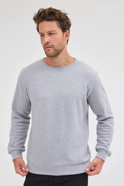 Erkek Gri Standart Fit Normal Kesim Pamuklu Basic Bisiklet Yaka Sweatshirt ürün görseli 1