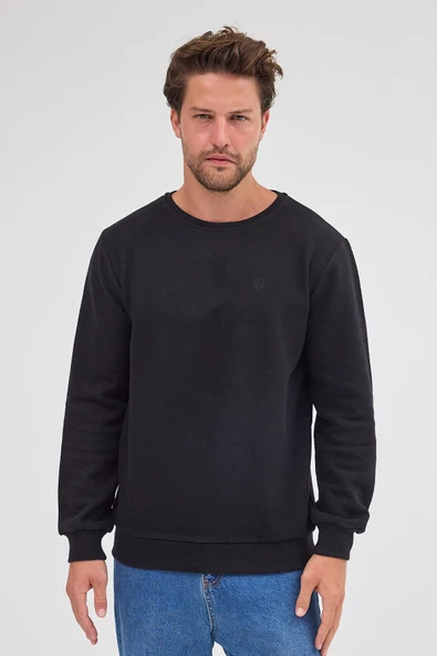 Erkek Siyah Standart Fit Normal Kesim Pamuklu Basic Bisiklet Yaka Sweatshirt ürün görseli 1